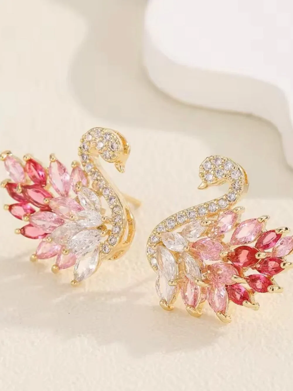 Swan Crystal Stud Earrings Pink White CZ Gold Tone Elegant Fashion NEW